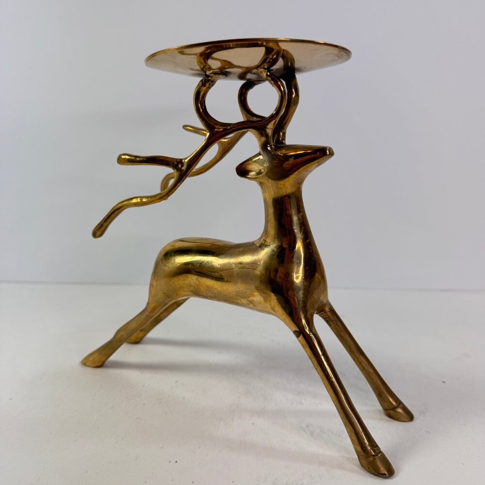 Vtg Brass Reindeer Figure Platform Candle Holder 7" tall